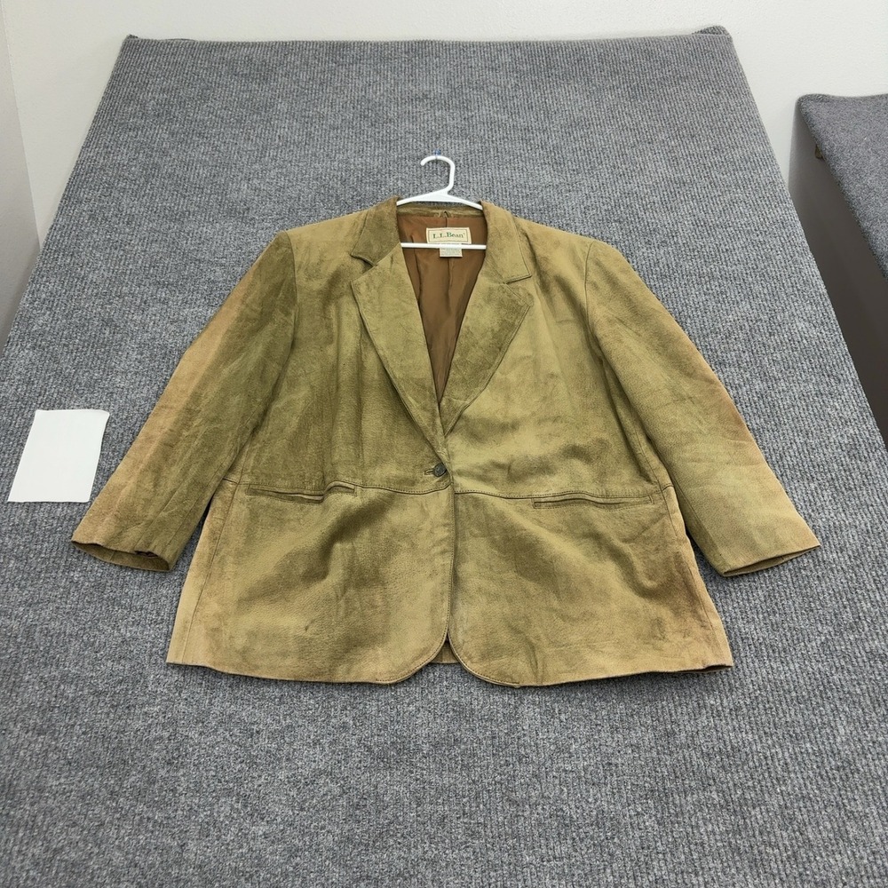 Vintage LL Bean Blazer Womens 20 Tan Genuine Leather Suede Single Button Classic